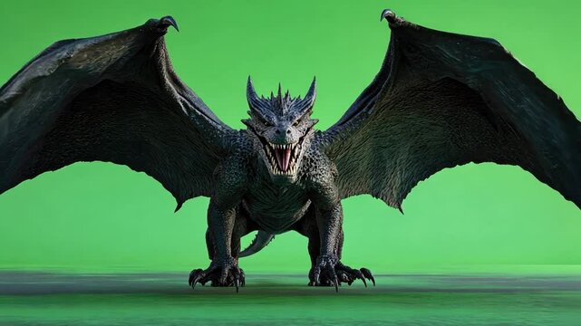 Mighty Dragon on Green Screen: A fearsome, majestic dragon with large wings, sharp claws, and an open mouth, stands majestically against a vibrant green screen, ready for your visual effects projects.