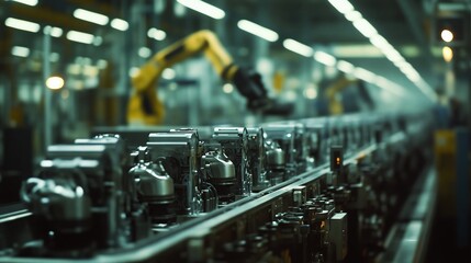 In a busy factory, skilled workers and robots assemble engines amid buzzing machinery and bright lights.