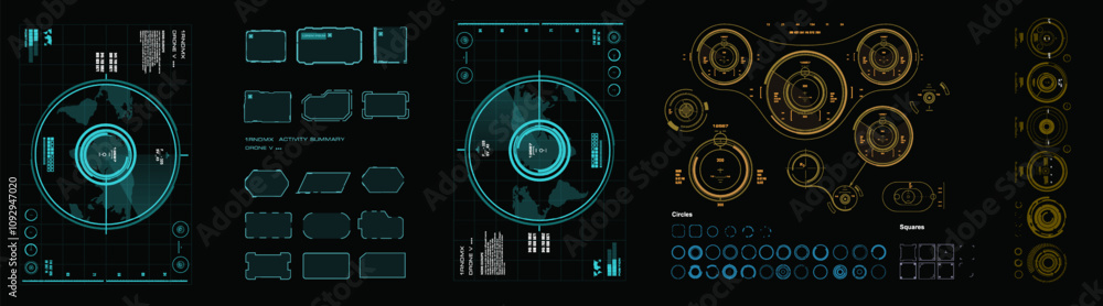 Poster radars, frames and sights. large set hud interface elements. collection futuristic radars and geoloc