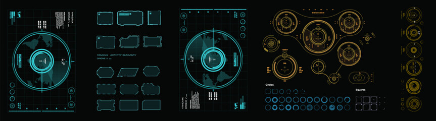 Radars, frames and sights. Large set HUD interface elements. Collection futuristic radars and geolocation devices. Modern HUD user interface kit. Targets for UI interface on black background