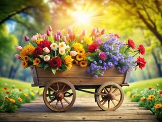 A vivid wagon overflowing with vibrant flowers embodies love and joy, symbolizing nature&acirc;&euro;&trade;s beauty, springtime cheer, and the cherished bond of family on Mother's Day.