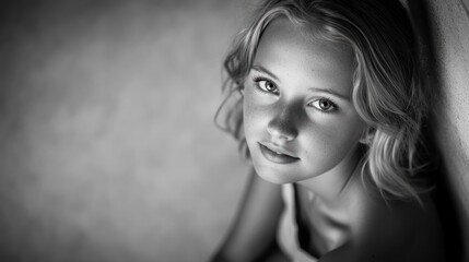 A portrait of a young girl with soft features and a serene expression in black and white.