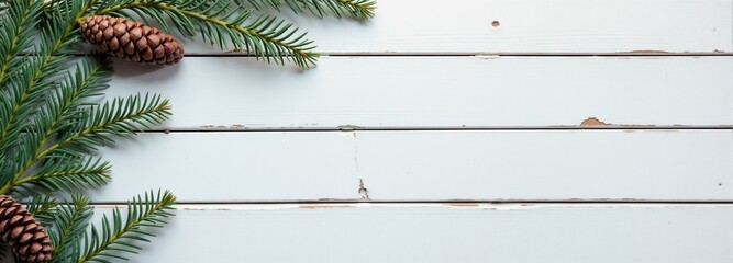 Christmas and winter holidays greeting card template, rustic white wood background with fir branches and pine cones.
