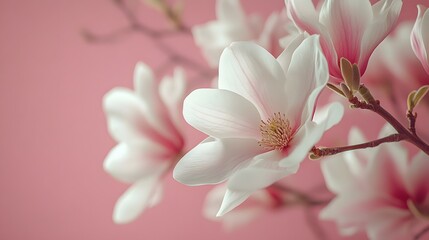 Magnolia flowers on branch against soft pink background, showcasing delicate petals and elegant botanical composition&nbsp;in high-key photography with&nbsp;minimalist design.