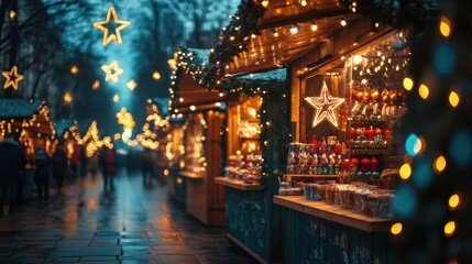 Obraz premium Christmas market filled with bright stalls, Christmas market lights twinkling everywhere, capturing a Merry and Bright atmosphere.