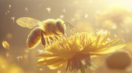 Fototapeta premium A bee collecting pollen from a vibrant yellow flower in a sunlit environment.