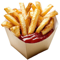 Crispy potato French Fries served with ketchup tomato sauce in a brown paper container.