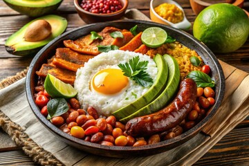 A whimsical illustration of Bandeja Paisa bursts with vibrant colors, showcasing unique ingredients and dreamlike elements, embodying the soul of Colombian culinary tradition.