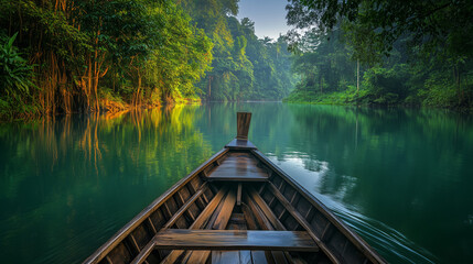 Mała, drewniana ł&oacute;dź dryfuje po spokojnej rzece, kt&oacute;rej brzegi porastają gęste, zielone drzewa i krzewy, tworząc malowniczą scenerię o wczesnym świcie.