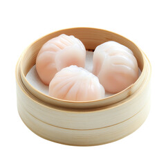Delicious shrimp dim sum dumplings in a bamboo steamer for celebrate on Chinese New Year party, PNG, isolated on white background.