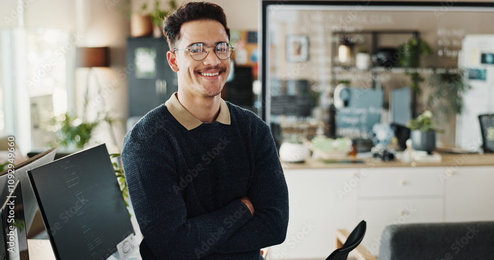 Fototapete Man, programmer and arms crossed for portrait in office of software development, web maintenance and coding. Male developer, confident or computer of programming, system update and script application