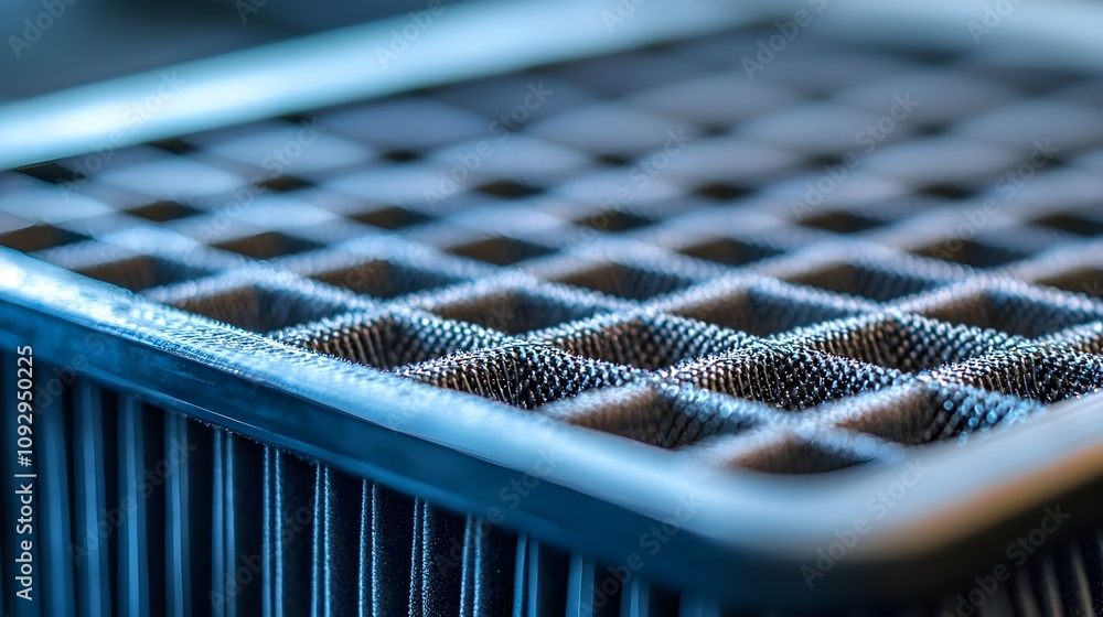 Poster closeup shot of a modern air filter showcasing the intricate fine mesh structure and clean minimalis