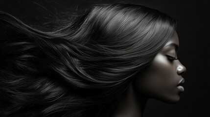 Fototapeta premium Kobieta której długie, zdrowe włosy opadają miękko na tle wyrazistej czerni, podkreślając ich naturalne piękno.