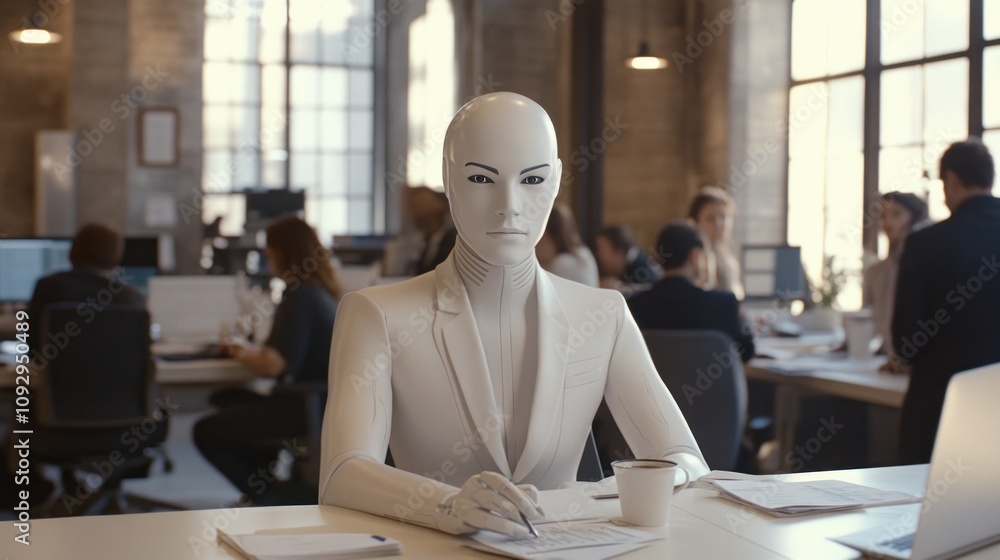 Aufkleber a humanoid robot sits in a busy office, observing and taking notes while others work.