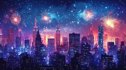 Fototapeta premium Glitzy New Year vector showing a glamorous cityscape with fireworks lighting up the skyline, creating a celebratory atmosphere for the New Year.