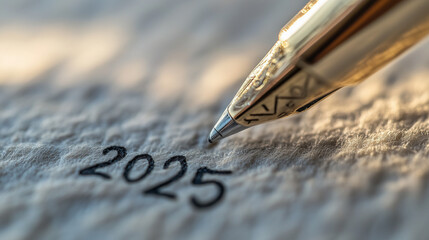 Zbliżenie na pióro, starannie zapisującą rok 2025.