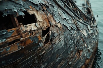 Close up of decaying model ship showing damage and rust. Rust concept