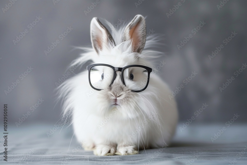 Sticker white fluffy rabbit with glasses