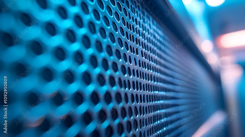 Poster close up view of the fine mesh pattern and textural details of an air purifier filter showcasing the