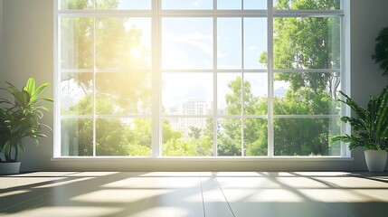 Modern Room with Large Windows Green Plants Shine Sunlight for a Peaceful Indoor Atmosphere Concept.