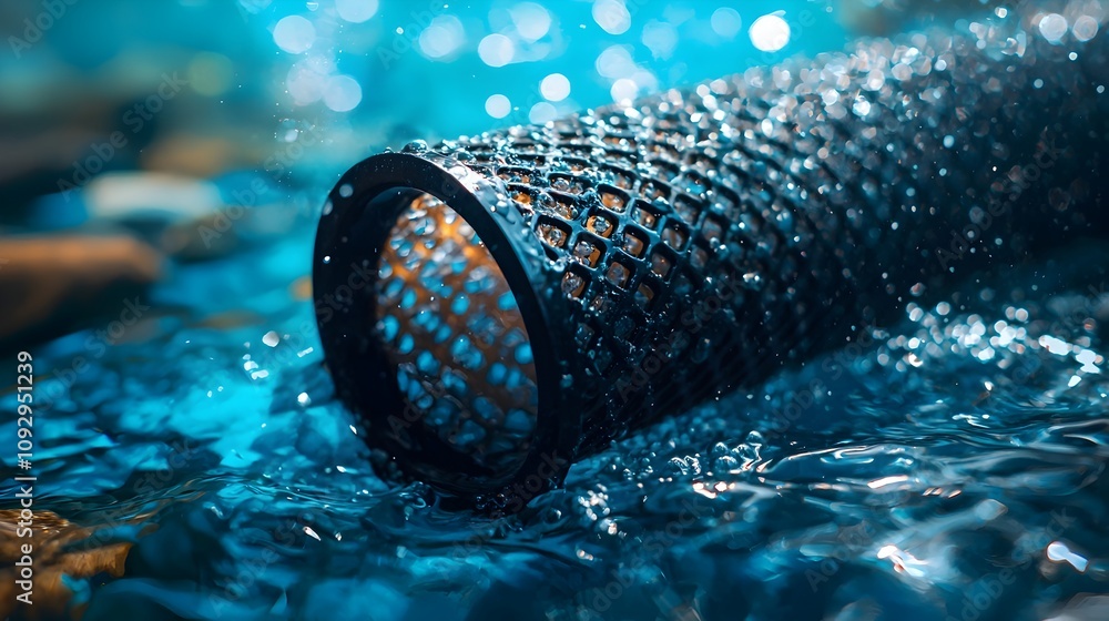 Poster close up detailed view of a water filter cartridge highlighting the fine mesh and activated carbon l