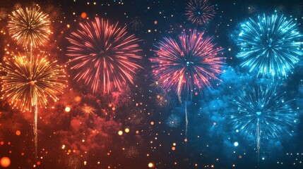 Naklejka premium Illustration of celebratory fireworks at midnight, exploding into the sky in a symphony of vibrant colors and shimmering midnight sparkles.