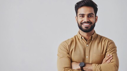 charismatic indian handsome young businessman in smart casual attire confident pose with folded hands against clean white backdrop warm smile conveys approachability and professionalism modern corpora