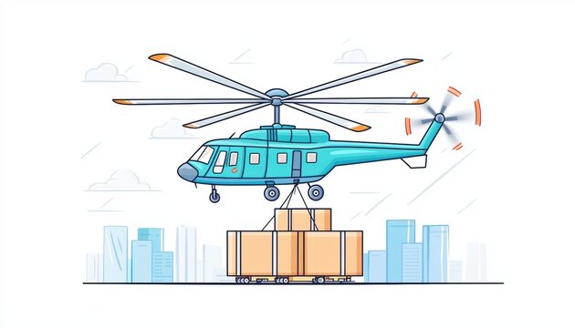 A colorful helicopter transporting cargo over a cityscape, showcasing modern aerial logistics and urban delivery.