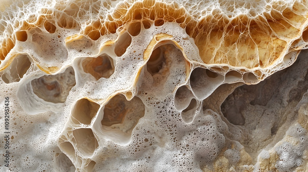 Poster closeup view of the intricate interior layers and filtering materials within a water purification sy