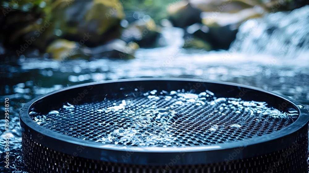 Poster close up detailed view of an activated carbon water filter showcasing its textured surface design wh