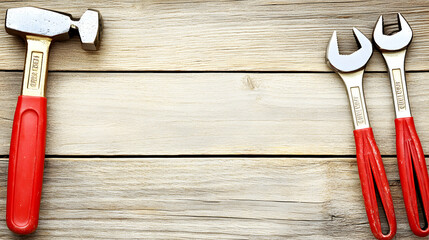 Top view of a hammer and two wrenches with red handles on a rustic wooden background, leaving space for text or design.