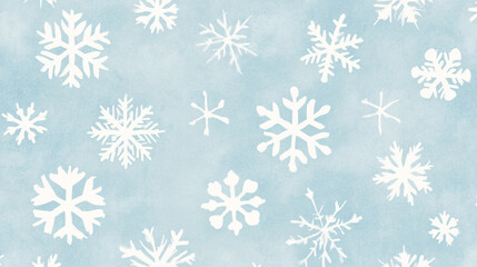 A graceful watercolor pattern of snowflakes scattered across a textured, icy blue background. The snowflakes vary in size and intricacy, with soft edges blending into a frosty winter landscape.