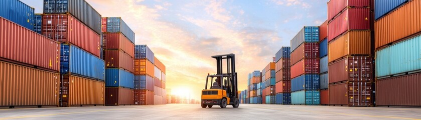 A forklift working among colorful shipping containers during sunset at a busy shipping yard.