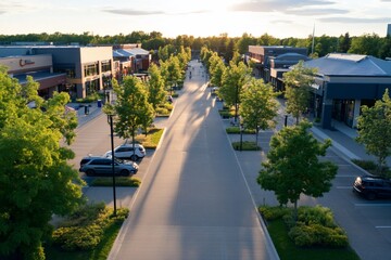 Aerial view of a modern shopping center with green trees and parked cars at sunset.