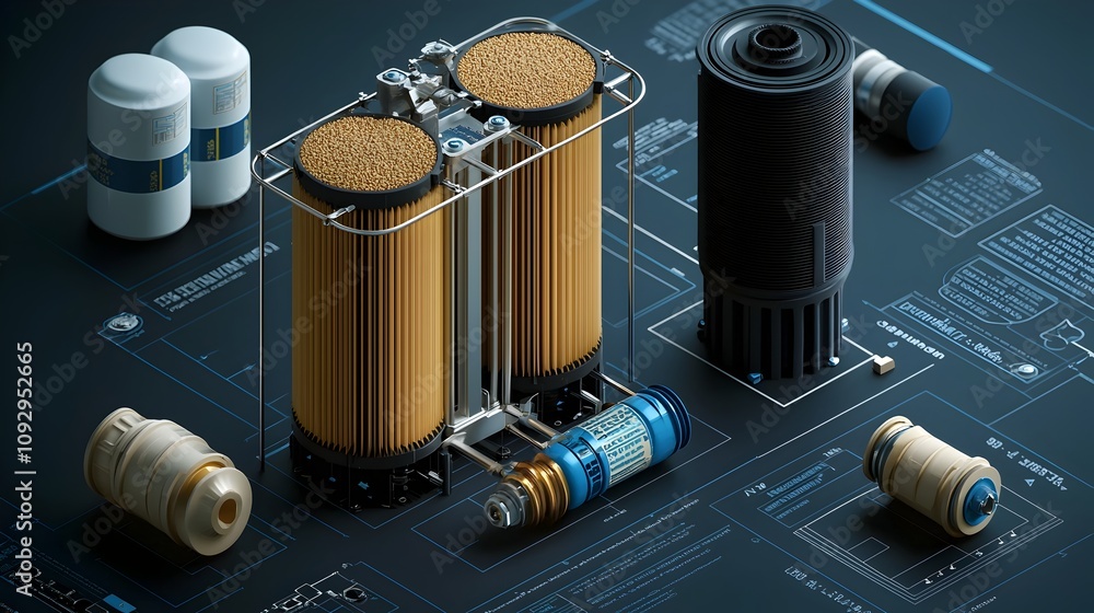 Poster minimalist and clean infographic displaying the layered components of a water filter system in a ver