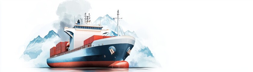 Naklejka premium A vibrant cargo ship navigating icy waters, symbolizing industry and global trade.