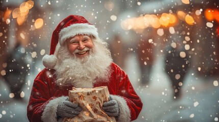 Santa Claus holding a Merry and Bright gift bag, Santa Claus smiling in a snow-covered village under twinkling lights.