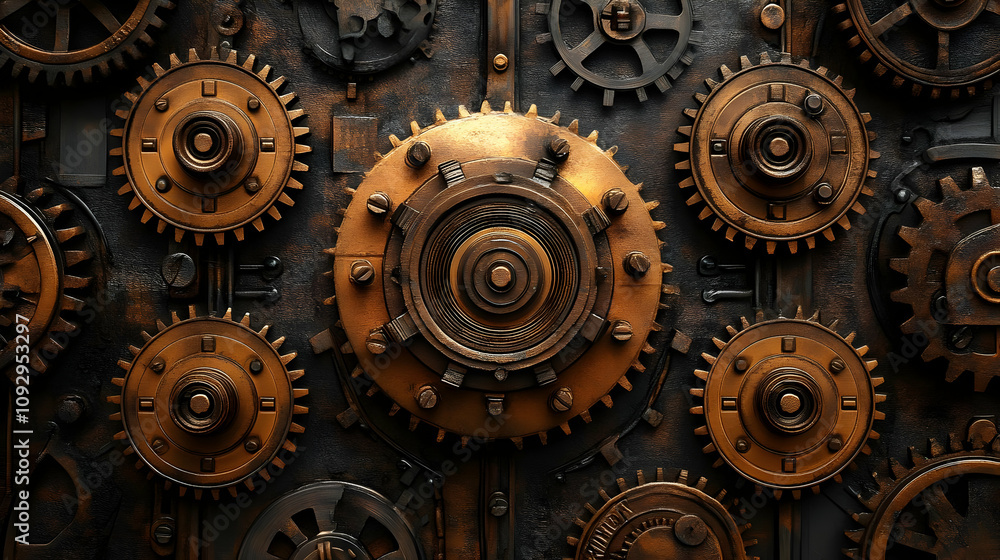Poster intricate gears interlock: precise machine aesthetic