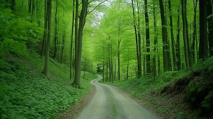 Fototapeta premium Beautiful Green Forest with Trees and a Path in Spring or Summer. AI generated illustration