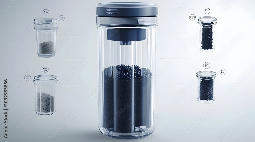 Poster minimalist and clean infographic design highlighting the layered structure of a water filter featuri