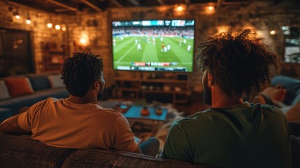 Sports fans in a packed living room, sports fans holding their breath as they watch the final moments of the game.