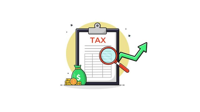 4k Clipboard with Magnifying Glass and Gold Coin Stack. Taxation Concept Animation Video 