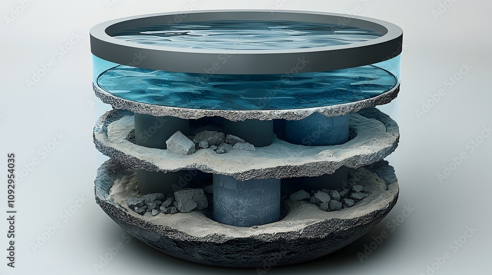 Poster minimalistic infographic depicting the construction and layered components of a water system includi