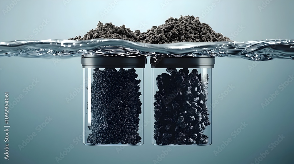 Poster minimalistic and text free infographic illustrating the layered components of a water filter system 