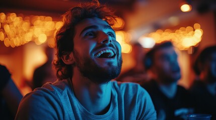 Fototapeta premium Sports fans watching a game at home, sports fans reacting to a close play, tension and excitement in the air.