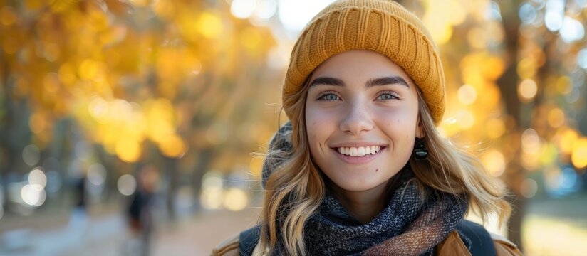 Portrait of a beautiful young woman smiling and looking at the camera.