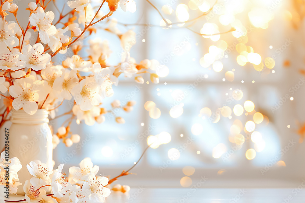 Poster a beautiful arrangement of white flowers in a vase is illuminated by soft bokeh lights, creating a t
