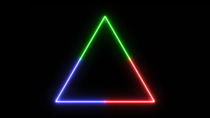 glowing neon triangle icon with red, green and blue line animation on black background. Futuristic Template for Product Presentation.