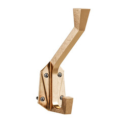 A gold colored metal hook is attached to a wall