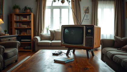 Retro Television on Wooden Table, Adding Charm to Cozy Living Room
